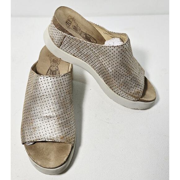 Fly London Perf Leather Whin Platform Slide Sandal Distressed Gold 38 US 7.5/8 - Picture 1 of 10